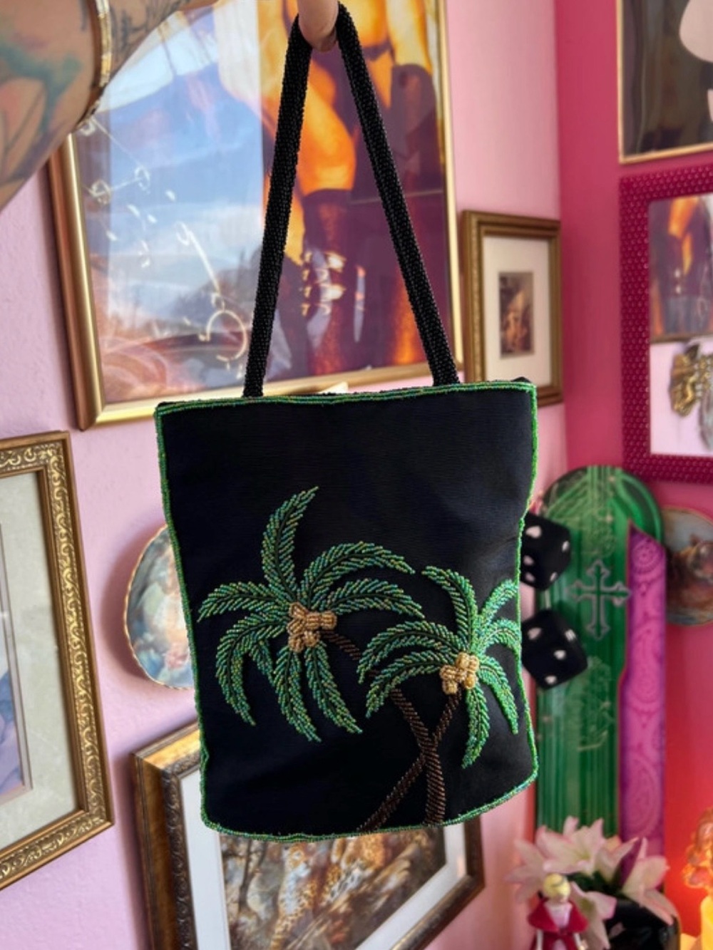 Beaded Palm Tree Tote Bag - Black and Green